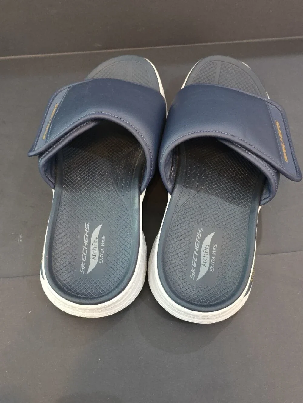 Skechers Archfit Men’s Navy Slide Sandals with White Sole Size 12 Extra Wide